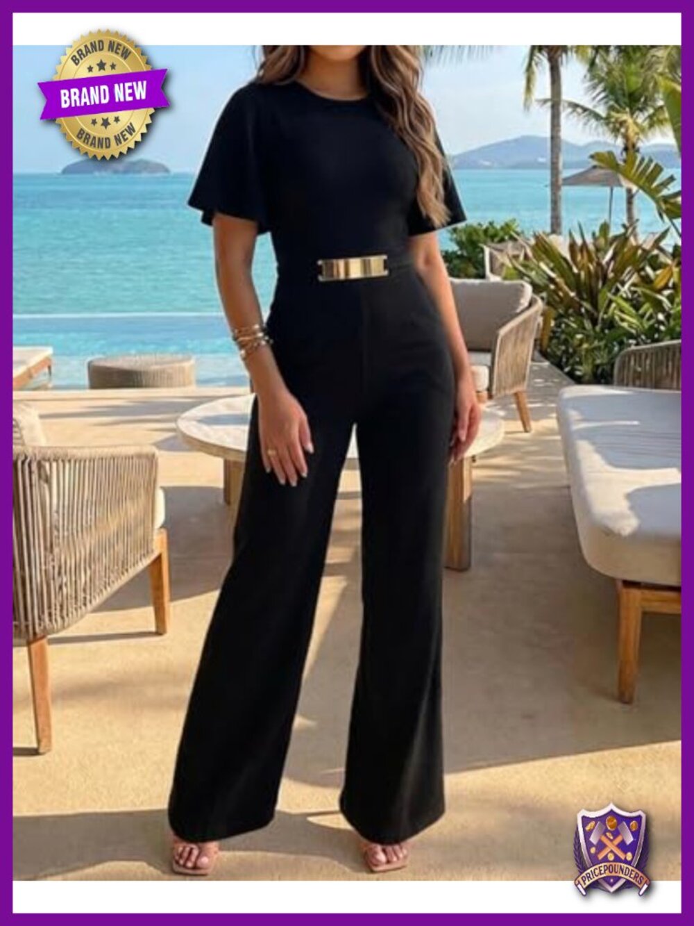 Women's Wide Leg Jumpsuit Short Sleeve Flutter Sleeve Metal Waist Detail Side - Picture 4 of 6